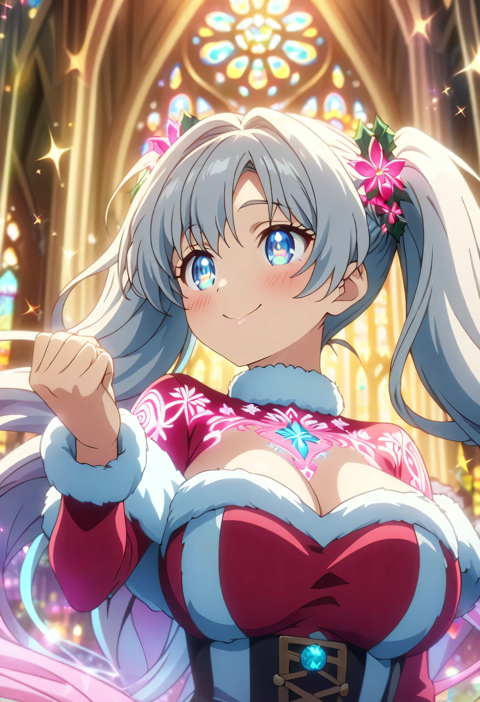 Masterpiece, highest quality, highly detailed CG Unity 8k wallpaper, anime screenshots, female anime character with neon chains. Art of a female anime character with a glowing neon flower tattoo and off-shoulder white fake fur trim red santa claus costume. rounded chin, twintail hair, blue droopy eyes, (sparkle eyes, expecting:1.2), pink cheek, blush, pink lips, beautiful huge breasts, smile, This scene with flowing hair has a nice soft focus effect, highlighting the magical glow of the tattoo. Please take a prayer pose. In the background is a stained glass church. bokeh photography, (soft focus):1.2, out-of-focus highlights, dreamy ambiance, glowing circles, mesmerizing depth, depth of field