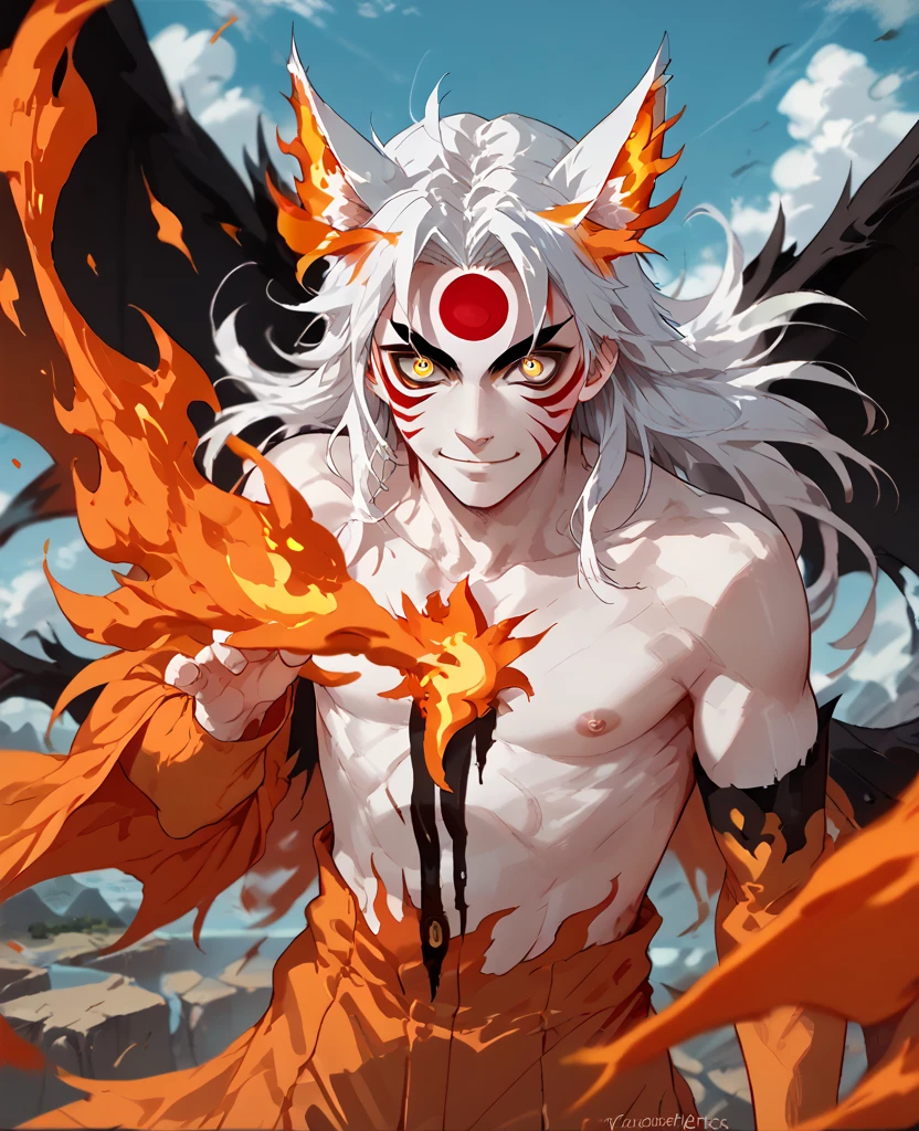 man, fiery hair, white skin, red face paint, jentry chau, anime style, fire powers, yellow cat eyes, white hair, third cat eye on forehead, voluminous hair, orange twilight sky, smile, kitsune style