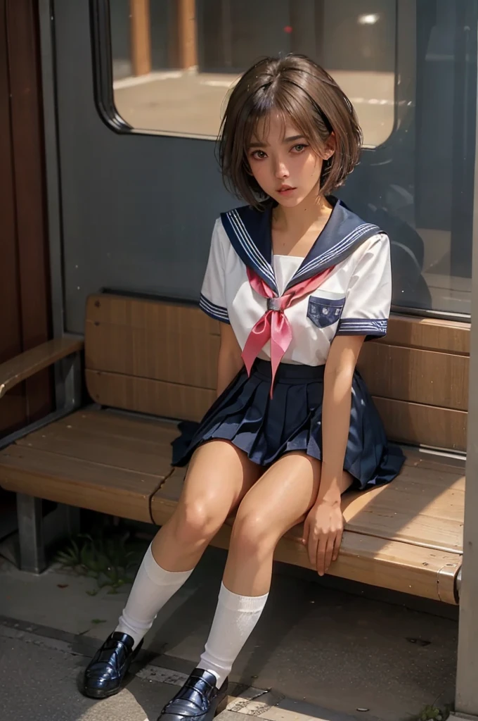 ((1 Japanese girl)), solo:1.9, alone:1.9, only one girl:1.9, 1 cute girl:1.9, 1 schoolgirl, (Japanese Girl:1.2), ((((school uniform, sailor suit, navy pleated skirt, white knee socks, black loafers)))), facing the camera,  perfect girl,  perfect face, shiny pink lips, expressive eyes, eyeshadow, eyeliner, (Huge natural breasts:1.3),  thin waist, Wheat skin:1.7, tanned skin:1.7, light brown hair, ((( short hair ))), ((( pixie cut ))), for moles under eyes, Eyeball, ( embarrassing:1.2,  Upturned eyes ),On the train, sit on the seat, whole body, From above, ultra high resolution, Accurate, Attention to Details, high quality, masterpiece, Anatomically accurate, biomechanically accurate, wrinkled skin, super detail, high quality, 