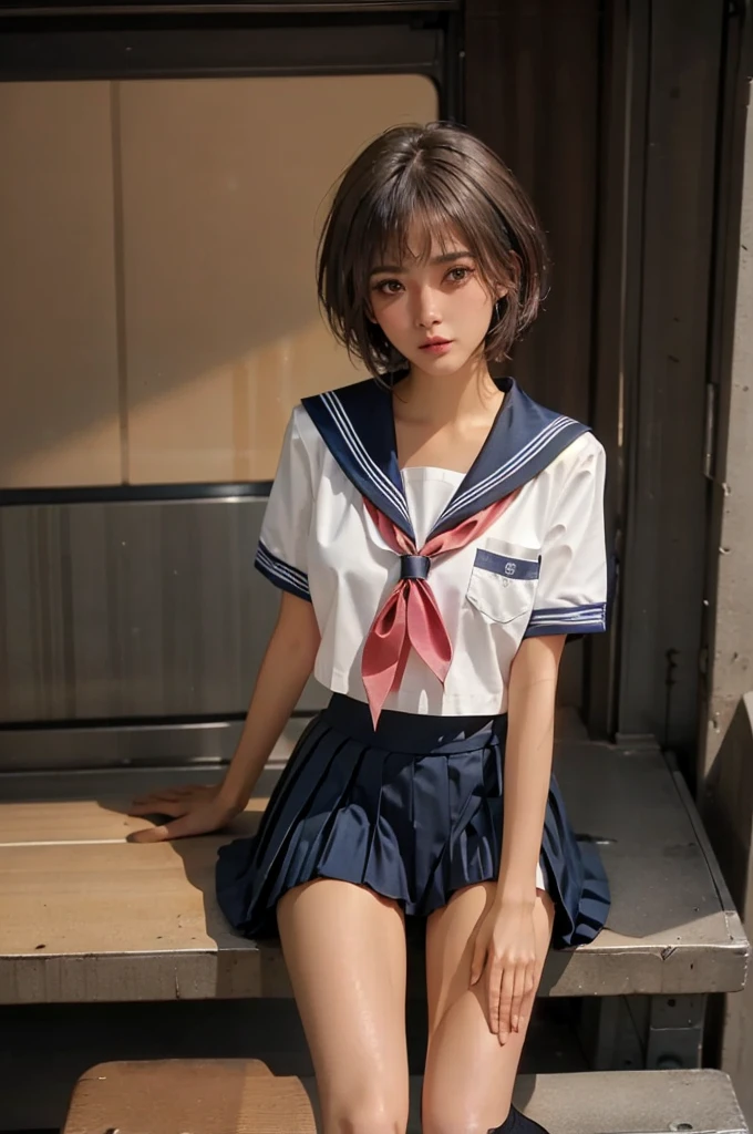 ((1 Japanese girl)), solo:1.9, alone:1.9, only one girl:1.9, 1 cute girl:1.9, 1 schoolgirl, (Japanese Girl:1.2), ((((school uniform, sailor suit, navy pleated skirt, white knee socks, black loafers)))), facing the camera,  perfect girl,  perfect face, shiny pink lips, expressive eyes, eyeshadow, eyeliner, (Huge natural breasts:1.3),  thin waist, Wheat skin:1.7, tanned skin:1.7, light brown hair, ((( short hair ))), ((( pixie cut ))), for moles under eyes, Eyeball, ( embarrassing:1.2,  Upturned eyes ),On the train, sit on the seat, whole body, From above, ultra high resolution, Accurate, Attention to Details, high quality, masterpiece, Anatomically accurate, biomechanically accurate, wrinkled skin, super detail, high quality, 