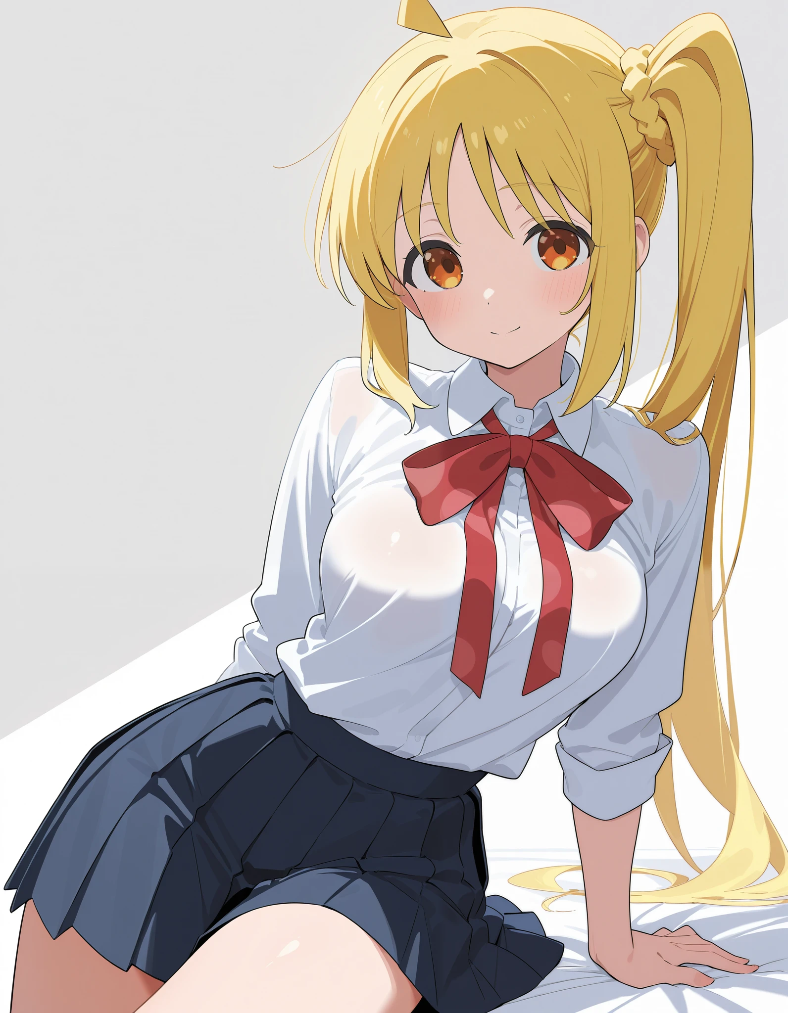 Top Quality Masterpiece High Resolution Ijichi Nijika Yellow Hair Orange Eyes Beautiful Girl Side Ponytail Beautiful Breasts Glamour White Shirt Collared Shirt Pleated Skirt Miniskirt Delle hood Friend Red Ribbon Sexy Solo