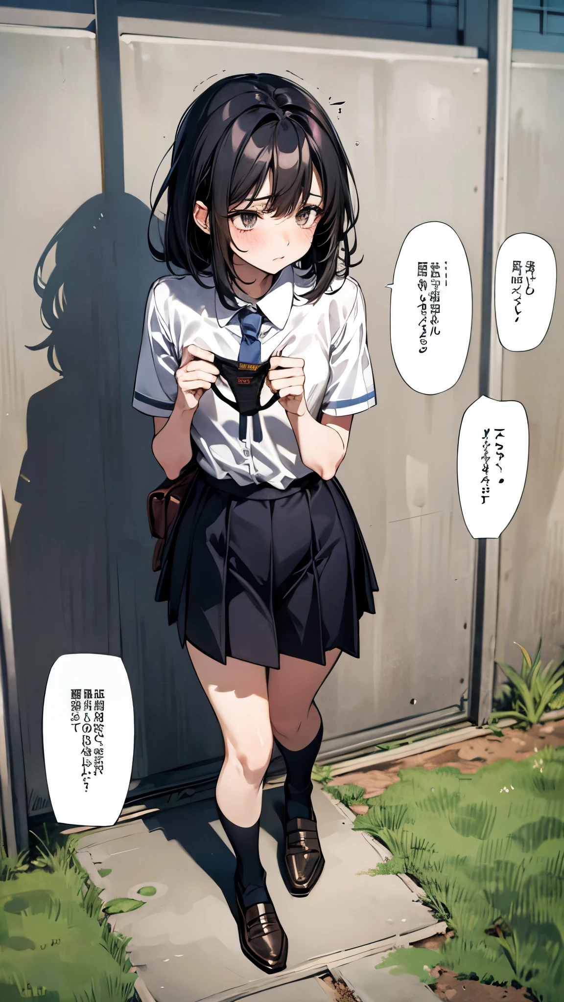 black hair,Crouching Standing on knees (((Legs open))),((Holding panties)) Staring at viewer Garden school yard Blue sky Tears bewilderment obedience sweat school uniform, skirt,White shirt