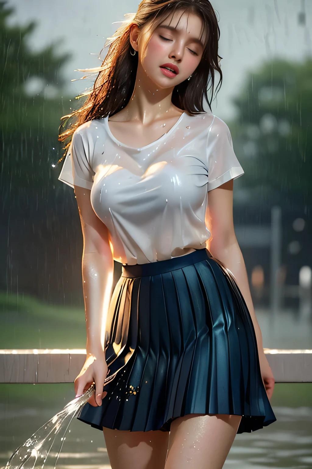 (Best quality, High quality, Best quality, Highest resolution, High resolution, Masterpiece, Detailed and realistic human body, (Photorealistic:1.46), (Sharp focus:1.2), Beautiful -old girl, accurate and perfect human anatomy, shot from the knees up, (cute girl crying in pouring rain: 1.3), (head, face and body soaked: 1.3), (water dripping from body: 1.46), black tall ponytail, (beautiful face, detailed and perfect face, big even eyes), ample breasts, beautiful curves, radiant skin all over, fair skin, (white T-shirt transparent from the rain: 1.3), (drenched navy blue pleated skirt: 1.4), (stormy weather), ((pouring rain)), (school playground), (in the pouring rain), (girl standing in the middle of the school playground), (((skin soaked from head to toe in the pouring rain))), ((rain dripping from skin)), ((glow effect: 1.3))),