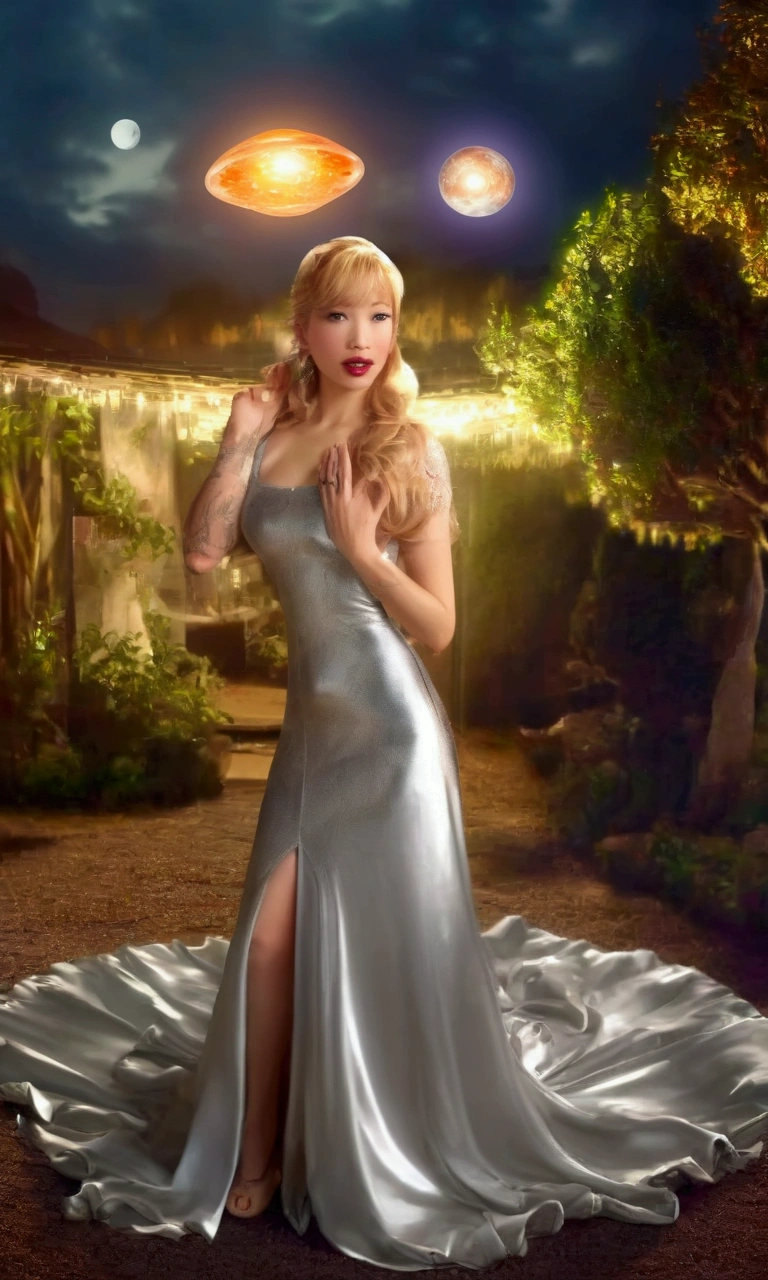 a cute woman in a sheer silver silk gown, no underwear, departing a 1950s style UFO, approaching a surprised man, "venus needs men", tokyo backyard, photorealistic, 8k, cinematic lighting, detailed face, beautiful detailed eyes, beautiful detailed lips, extremely detailed face, longeyelashes, masterpiece, hdr, physically-based rendering, vivid colors, professional, concept art
