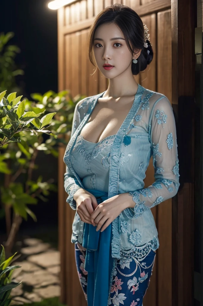 8k, best quality, Medium close-up, (blue kebaya )、(luxury kebaya ), (short kebaya), (top-quality,masterpiece:1.3,超A high resolution,),(ultra-detailliert,Caustics),(Photorealsitic:1.4,RAW shooting,)Ultra-realistic capture,A highly detailed,high-definition16Kfor human skin, Cute and lovely Korean girl, realistic, ultra detail, photo realistic, Increase quality,
standing in a garden with a scarf, garden, (large breast), (cleavage ), close-up shot, mouth,dark-haired, Messy Updo hair, (depth of fields、chromatic abberation、Wide range of lighting、Natural Shading、)、(Exterior light at night:1.4)、(Hair swaying in the wind:1.2).
