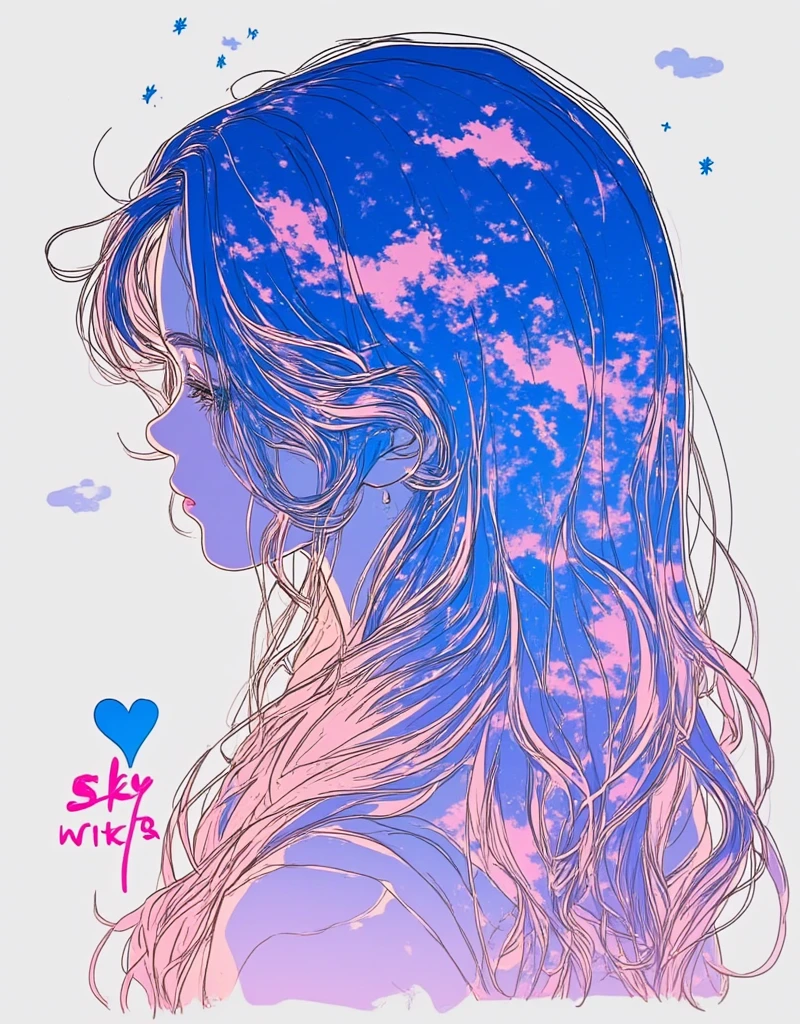 picture of a girl with long hair and a heart, anime style mixed with fujifilm, extremely fine ink lineart, sky witch, tumblr, conceptual art, inspired by Itō Shinsui, anime style portrait, inspired by Eizan Kikukawa, anime girl with cosmic hair, anime drawing, anime vibes, anime clouds, simple line art, clear silhouette, Rich, cheerful, silky smooth, yet fresh and brilliant.  egmid