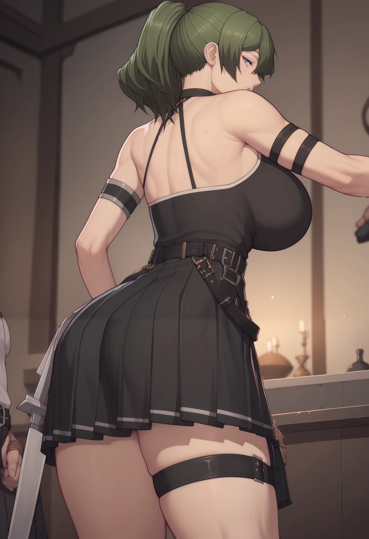 Asura style, 1girl, ass focus, huge breasts, solo focus, skirt, gloves, dress, bare shoulders, pleated skirt, sleeveless, black gloves, elbow gloves, belt, miniskirt, black skirt, black dress, thigh strap, sleeveless dress, halterneck, armband, single glove, black belt, pleated dress, arm strap