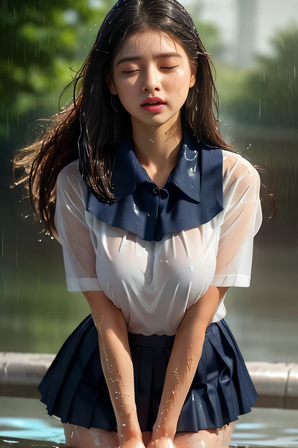 (Best quality, High quality, Best quality, Highest resolution, High resolution, Masterpiece, Detailed and realistic human body, (Photorealistic:1.46), (Sharp focus:1.2), Beautiful -old girl, accurate and perfect human anatomy, shot from the knees up, (cute girl crying in pouring rain: 1.3), (head, face and body soaked: 1.3), (water dripping from body: 1.46), black tall ponytail, (beautiful face, detailed and perfect face, large even eyes), ample breasts, beautiful curves, radiant skin all over, fair skin, (white T-shirt transparent from the rain: 1.3), (drenched navy blue pleated skirt: 1.4), (stormy weather), ((pouring rain)), (school playground), (in the pouring rain), (girl standing in the middle of the school playground), (((skin soaked from head to toe in the pouring rain))), ((rain dripping from skin)), ((glow effect: 1.3)), ),