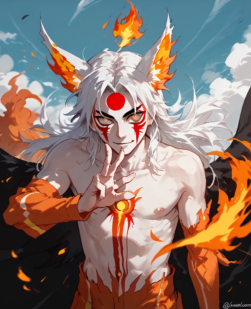 man, fiery hair, white skin, red face paint, jentry chau, anime style, fire powers, yellow cat eyes, white hair, third cat eye on forehead, voluminous hair, orange twilight sky, smile, kitsune style