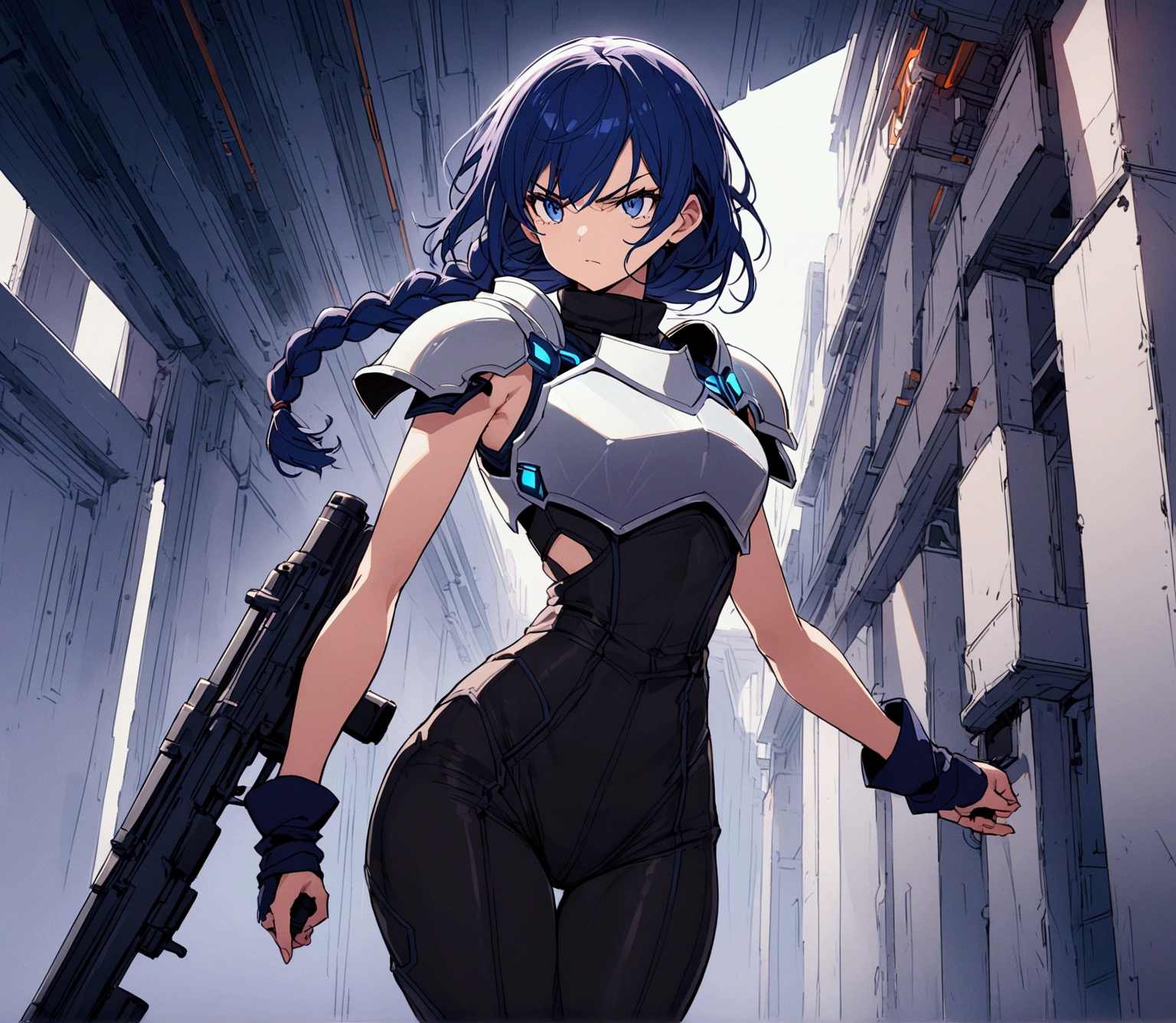 a beautiful girl with midnight blue eyes, (long midnight blue hair, braided hair) circuits running through her skin, wearing a uniform (sleeveless turtleneck suit with long pants, tight long pants with small cutout on leg, no sleeves, sleeveless, shite shoulder pad armor, armored shoulder pads, white chest plate armor) with a curvy figure, holding a futuristic scifi gun, serious determined expression
