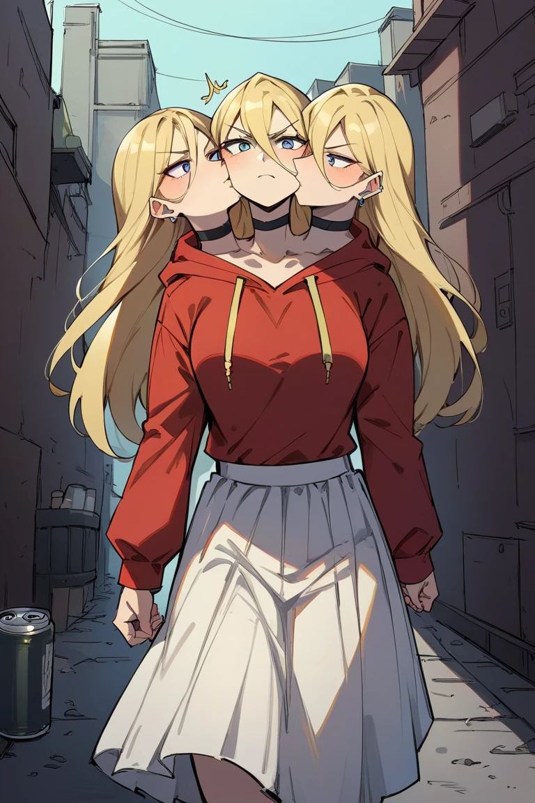 score_9, score_8_up, score_7_up, source_anime,
Can't control body, Body Wants to Separate,(1girl: blonde hair, long hair, hair intakes, Giant in city, angry, bad mood, 3heads,(hair between eyes:1.1)), (outdoors, alley:1.3), black choker, kiss, running, hoodie,
Threeheads, upper body, long white skirt, jump