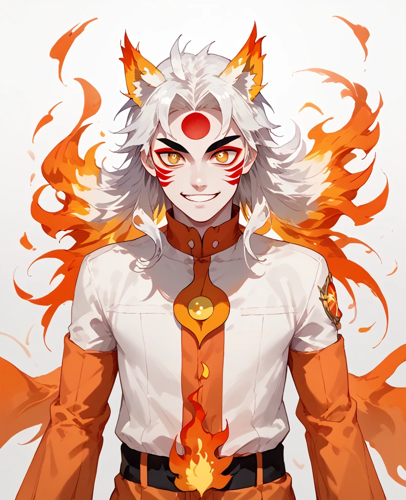 man, flaming hair, white skin, red face paint, jentry chau, anime style, fire powers, yellow cat eyes, white hair, third cat eye on forehead, voluminous hair, orange twilight sky, smile, kitsune style, strong