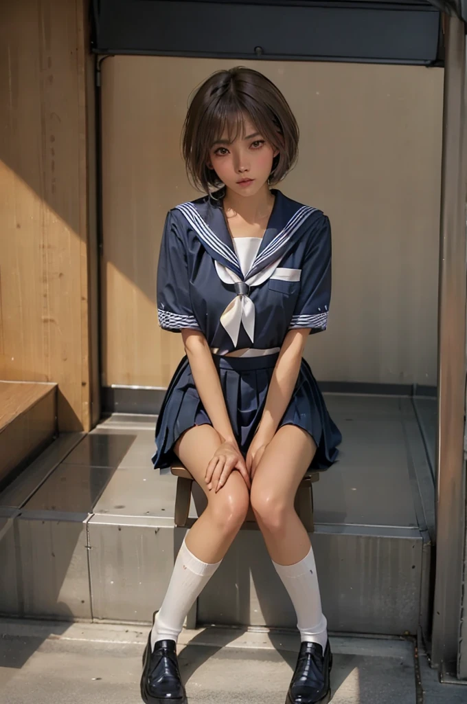 ((1 Japanese girl)), solo:1.9, alone:1.9, only one girl:1.9, 1 cute girl:1.9, 1 ******girl, (Japanese Girl:1.2), ((((school uniform, sailor suit, navy pleated skirt, white knee socks, black loafers)))), facing the camera,  perfect girl,  perfect face, shiny pink lips, expressive eyes, eyeshadow, eyeliner, (Huge natural breasts:1.3),  thin waist, Wheat skin:1.7, tanned skin:1.7, light brown hair, ((( short hair ))), ((( pixie cut ))), for moles under eyes, Eyeball, ( embarrassing:1.2,  Upturned eyes ),On the train, sit on the seat, whole body, From above, ultra high resolution, Accurate, Attention to Details, high quality, masterpiece, Anatomically accurate, biomechanically accurate, wrinkled skin, super detail, high quality, 