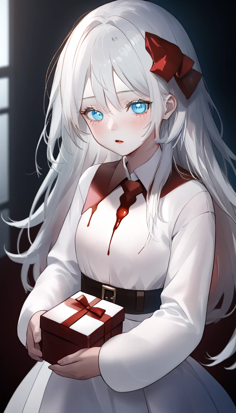  dark、Corrosive、 colorful 、 Gorgeous Light and Shadow 、whole body、 The girl&#39;s white skin、Mouth is moody、( light blue eyes) eyes with blood in test tubes are blurry and dreamy。Dappled Light and Shadow, portrait,White Hair, Santa costume、 blush your cheeks、Holding a gift package、 in the room、