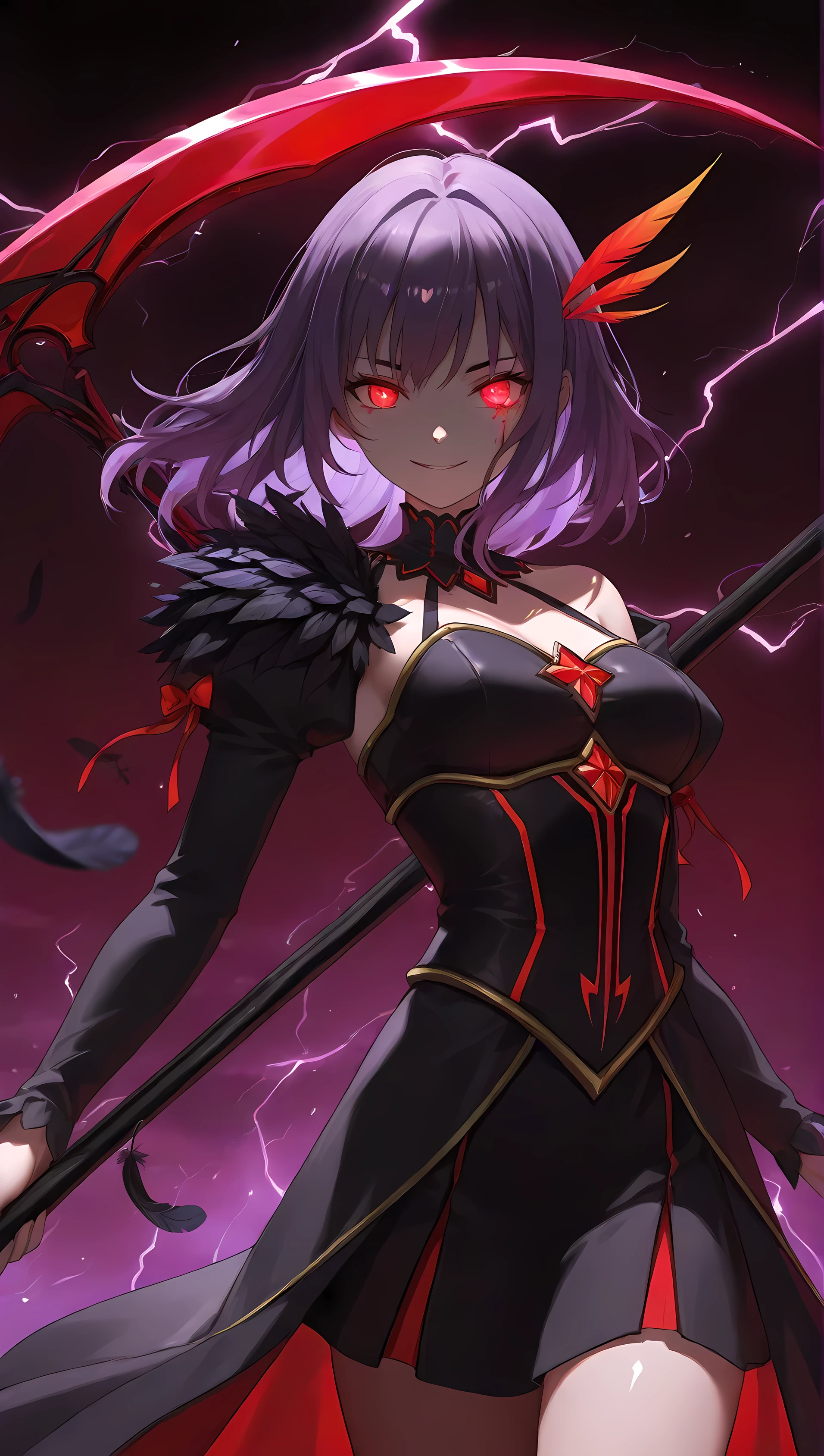  1 girl, cowboy shot, dynamic pose, sideways, holding a scythe, queen, dark background, gothic black outfit adorned with dark jagged feathers, glowing eyes, red eyes, glowing red eyes, medium length hair, dark black and purple hair, sinister smile, red energy swirling from her eye, magical dark aura radiating from her(EyesHD:1.2), masterpiece, best quality, ultra detailed, highly aesthetic, sharp focus, depth of field, vibrant colors, ray tracing, best lighting, detailed illustration, detailed background, cinematic, beautiful face, beautiful eyes,, dramatic shadow background with blood red sky and bat silhouettes, dark fantasy anime style, powerful and seductive aura, glowneon, shiny, sparks, lightning, score_9, score_8_up, score_7_up, source_anime,