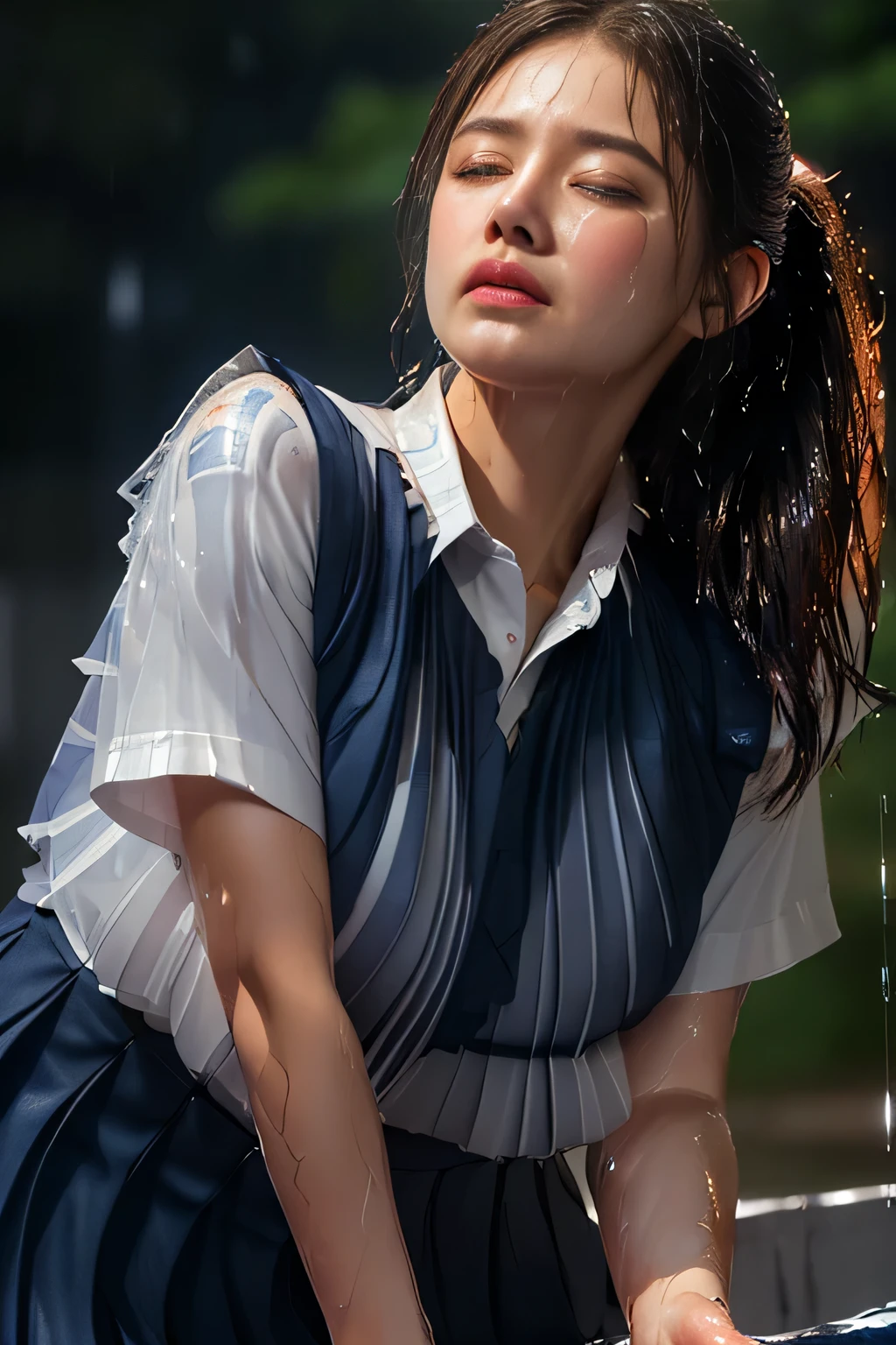 (Best quality, High quality, Best quality, Highest resolution, High resolution, Masterpiece, Detailed and realistic human body, (Photorealistic:1.46), (Sharp focus:1.2), Beautiful -old girl, accurate and perfect human anatomy, shot from the knees up, (cute girl crying in pouring rain: 1.3), (head, face and body soaked: 1.3), (water dripping from body: 1.46), black tall ponytail, (beautiful face, detailed and perfect face, big even eyes), ample breasts, beautiful curves, glowing skin all over, fair skin, (white T-shirt transparent from the rain: 1.3), (drenched navy blue pleated shirt: 1.46), Cart:1.4), (stormy weather), ((pouring rain)), (schoolyard), (in the pouring rain), (girl standing in the middle of a schoolyard), (((skin soaked from head to toe in the pouring rain)), ((rain dripping from skin)), ((glow effect:1.3)), ), ((dark, rain clouds, sky covered with rain clouds,)), (depth field:1.3), (((blur)),