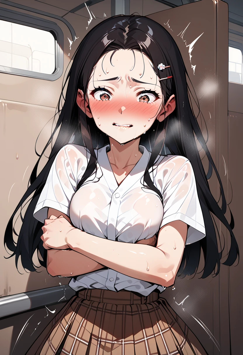 , japanese school girl,dark brown hair,at train,straight hair,black hair,hair pin,easy-going face,White shirt blouse,sweaty, plaid skirt,troubled smile, twin tail, blush、molested, anatomically correct, encoxada,arrimon,groping,chikan,1girl,head back orgasm