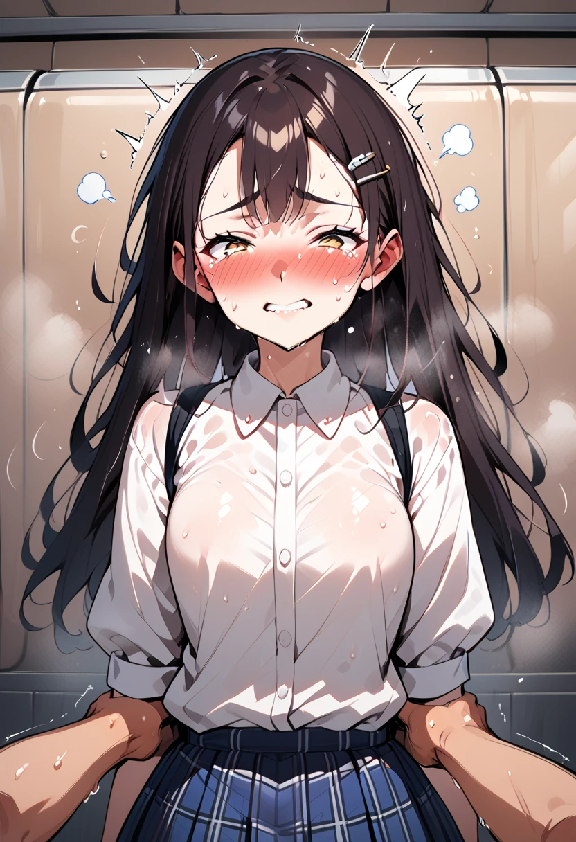 14 old, japanese school girl,dark brown hair,at train,straight hair,black hair,hair pin,easy-going face,White shirt blouse,sweaty, plaid skirt,troubled smile, twin tail, blush、molested, anatomically correct, encoxada,arrimon,groping,chikan,,head back orgasm