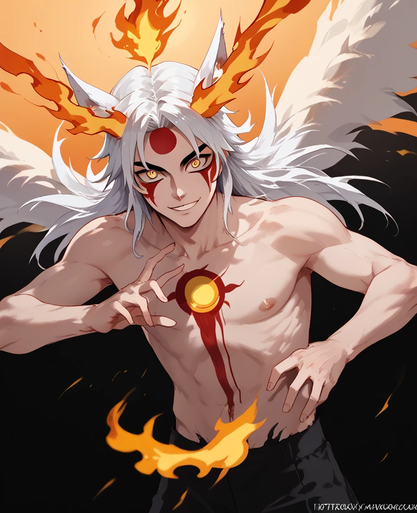 man, flaming hair, white skin, red face paint, jentry chau, anime style, fire powers, yellow cat eyes, white hair, third cat eye on forehead, voluminous hair, orange twilight sky, smile, kitsune style, strong, Kyojuro Rengoku