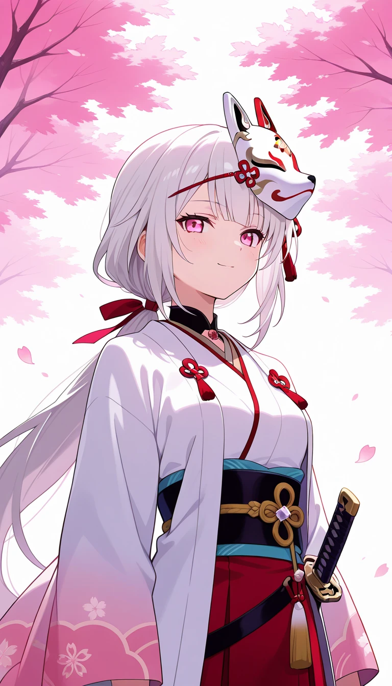 (Masterpiece), (High quality anime art), (Anime girl), White hair, (Low Ponytail Hairstyle), ((Solo)), (Hair flowing in the wind: 0.8), (mask on head, fox mask), Pink eyes, White Haori elegant, (Katana in belt), (Detailed color: 0.9), (vibrant color:0.7), (Cinematic lighting: 0.9) (Side lighting: 0.7), Composed mood, Cherry blossom background, (3/4 view).