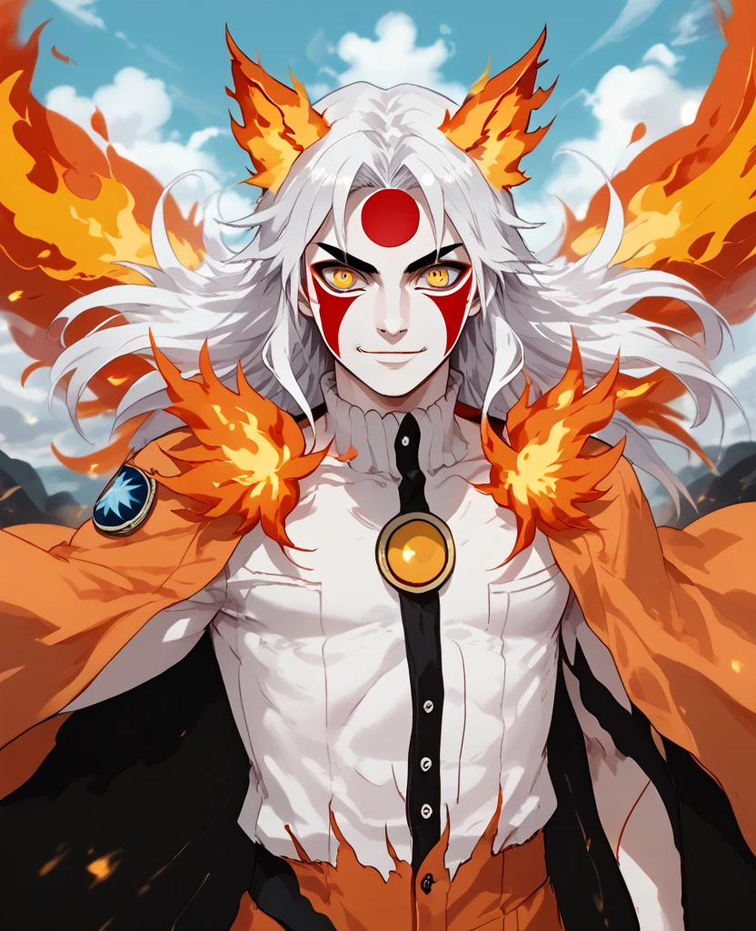 man, flaming hair, white skin, red face paint, jentry chau, anime style, fire powers, yellow cat eyes, white hair, third cat eye on forehead, voluminous hair, orange twilight sky, smile, kitsune style, strong, Kyojuro Rengoku