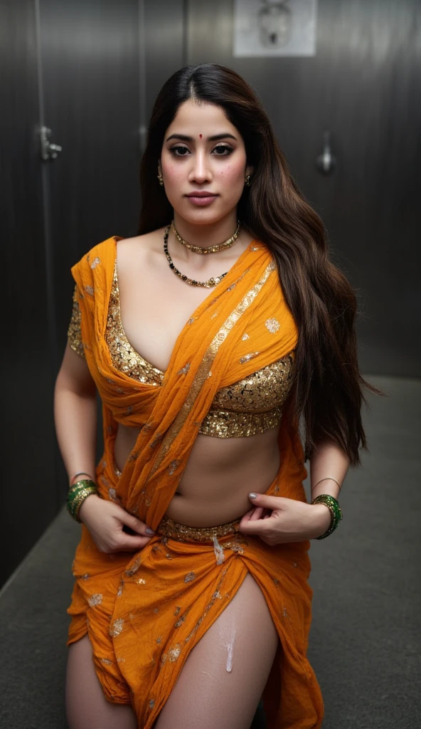 Scene is a gym locker room setting, A tall, curvy lady dressed in an elegant saree that beautifully reveals her cleavage and navel visible, nipples slightly visible, thick, curvy inner thighs completely visible, legs spread open, saree slightly lifted above thighs, lady wearing a long mangalsutra around her neck which is made of a gold chain with black beads and a pendant. The pendant can feature a variety of symbols, such as hearts, florals, the lady is adorned with a striking thin golden chain around her hips. She has a small red bindi on her between her eyebrows and green colored glass bangles on her wrist, the lady is kneeling down on her kness with a messy face amd face is covered with white thick liquid dripping down her chin, ladys facial expression is evil smile, UHD, retina, masterpiece, accurate, anatomically correct, textured skin, super detail, high details, high quality, award winning, best quality, highres, 16k, 1080P, HD, 4K, 8k