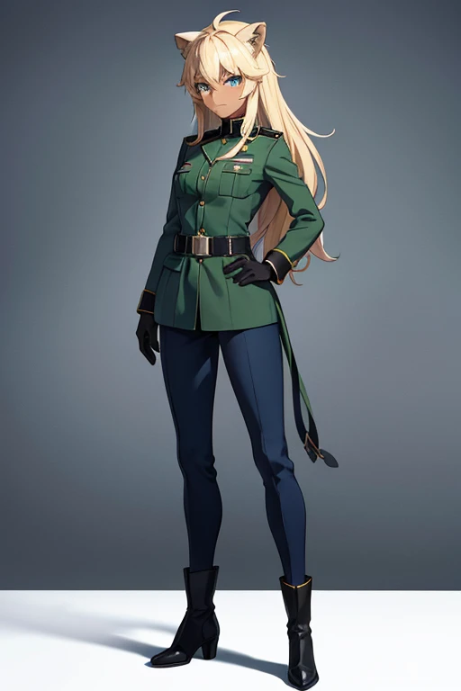  anime picture 、SF officers、 Full Body Portrait 、 A 32-year-old dark-skinned woman with arms folded and standing upright, about 175 cm tall, wearing a dark green military uniform、profile、 blue eyes、Ears like a lion、The hairstyle is short medium with feathery hair、Blonde、 smiling with her mouth closed 、military boots、gloves、Short cloak