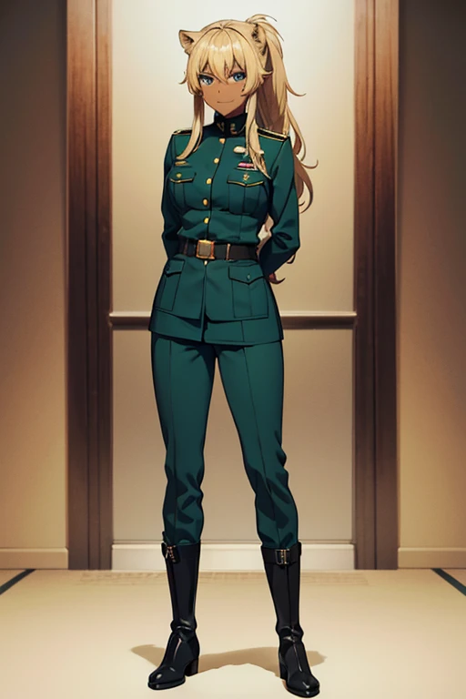  anime picture 、SF officers、 Full Body Portrait 、 A 32-year-old dark-skinned woman with arms folded and standing upright, about 175 cm tall, wearing a dark green military uniform、profile、 blue eyes、Ears like a lion、The hairstyle is short medium with feathery hair、Blonde、 smiling with her mouth closed 、military boots、gloves、Short cloak