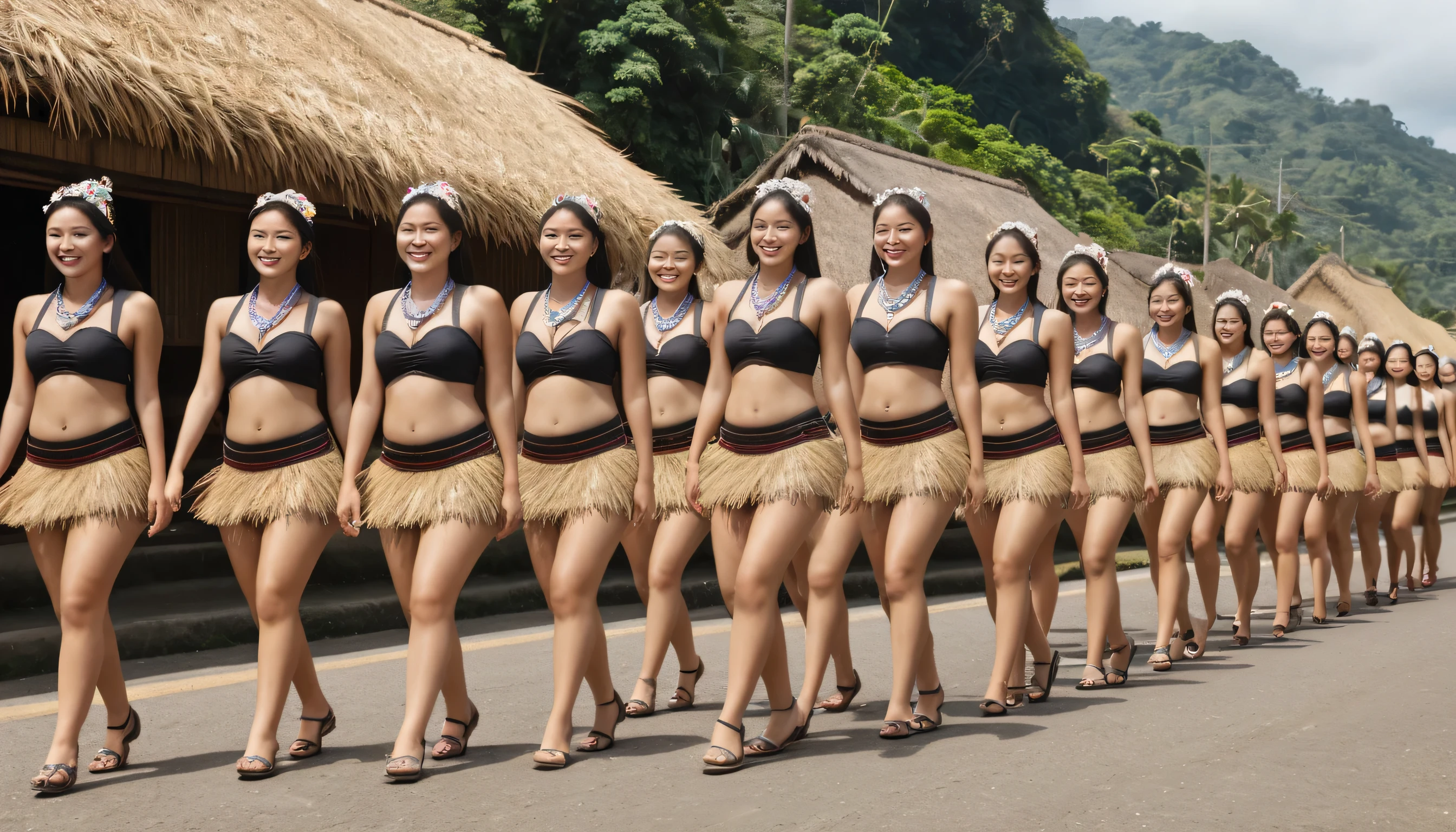 8k, best quality, worked: 1.2), (realistic, photo-realistic: 1.37), highly detailed, (7 girls), The realistic image shows a large group of short guatemalan women wearing short brown skirts and traditional dresses, walking between thatched-roof houses. The women in the image are black and appear to be of different ages and short body shapes, and they are all wearing uniform, tight-fitting swimsuits. The background shows rows of houses or buildings whose roofs are made of natural materials such as straw or thatch, giving the impression of a traditional village or settlement. The atmosphere of this image looks like a parade or special event involving many female participants. , breasts, beautiful eye details, (traditional dress: 1.1), ((sexy)), curvy body, (full body), standing, sexy,