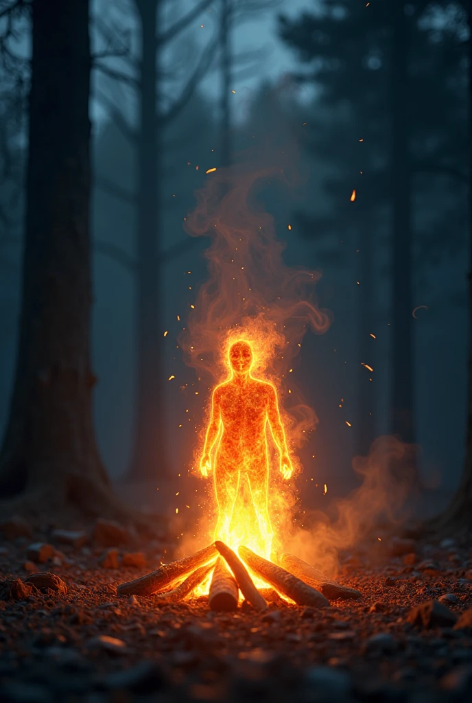 A human like figure made of fire dancing on a pot, forest rain background