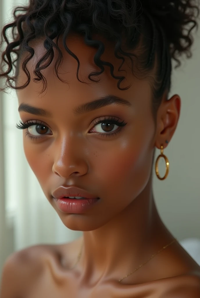 ximemochi, sunlight, backlight, ((Cinematic Light, Lens Flare, Ray tracing)), (masterpiece),((ultra-detailed)), (highly detailed CG illustration),(expressionless), (best quality:1.2),(1girl:1.2),High quality texture, intricate details, detailed texture, High quality shadow, a realistic representation of the face, Detailed beautiful delicate face, Detailed beautiful delicate eyes, brown eye pupil, a face of perfect proportion, Depth of field, perspective,20s, slender face, (big eyes:1.2),blush,glossy lips, perfect body, lean body, (narrow waist:1.3), medium breast, distinct_image, (lustrous skin), solo focus, (brown hair), (finely detailed beautiful eyes and detailed face), (streaked hair), light source contrast, ((medium hair)), (pureerosface_v1:0.5) , (ulzzang-6500-v1.1:0.5), <lora:epi_noiseoffset2:1>, <lora:add_detail:0.5>, has a height of 1.70 meters and a weight of 65 kilograms, showcasing her confident posture and muscular legs. Her Latina heritage is reflected in her warm skin tone. Highlight her distinctive small nose, oval face, and prominent hips, capturing her energy and determination. Add a touch of her unique fashion style, blending grunge and Korean influences. She might be seen wearing a stylish outfit with grunge-inspired patterns and accessories that reflect her love for indie fashion. Consider including a small reference to her favorite bands and movies, like a subtle logo or icon, <lora:ximemochi:1>