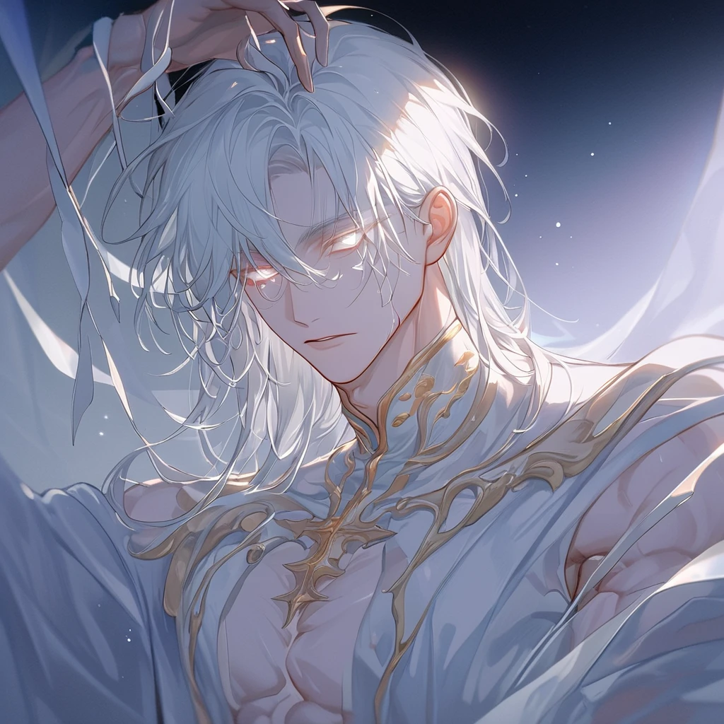 【8K,  RAW Photos Box,  better quality,  masterpiece: 1.4】, 【 Ultra-high resolution ,  extremely detailed ,  soft lighting 】,  handsome man , ((( long, smooth white hair that falls on ))), ( soft facial expression ), (Radiant glow),  perfect anatomy: 1.2, bright light and shadow, ( Close-up of three quarters ), ( Close-up of three quarters ),  natural lighting, (white highlights : 1.2), ( inner: 1.2), ((bokeh)),  masterpiece,  Look directed at the scene , ((loose white clothing )), (( semitransparent white ribbon that covers the eyes,  symbolizing blindness )), ((beautiful male)), bloom, Misty, ((Clear eyes)), (( delicate facial features )), (( long eyelashes are not attractive)), ((Rays of God)), (( wide shoulders )), (( perfect muscles ))