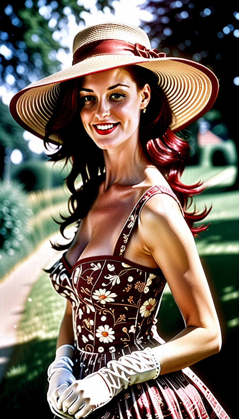 a beautiful and seductive woman,  sexy smile, Comb-Over Hairstyle with Side Split and High Fade , dark red hair ,  dressed in a summer dress with a wide-brimmed hat and gloves ,dutch angle shot,  ,estilo de George Cruikshank ,( detailed masterpiece,  intricate details , Awarded,  many details),Kodak gold 200 , lens reflection 