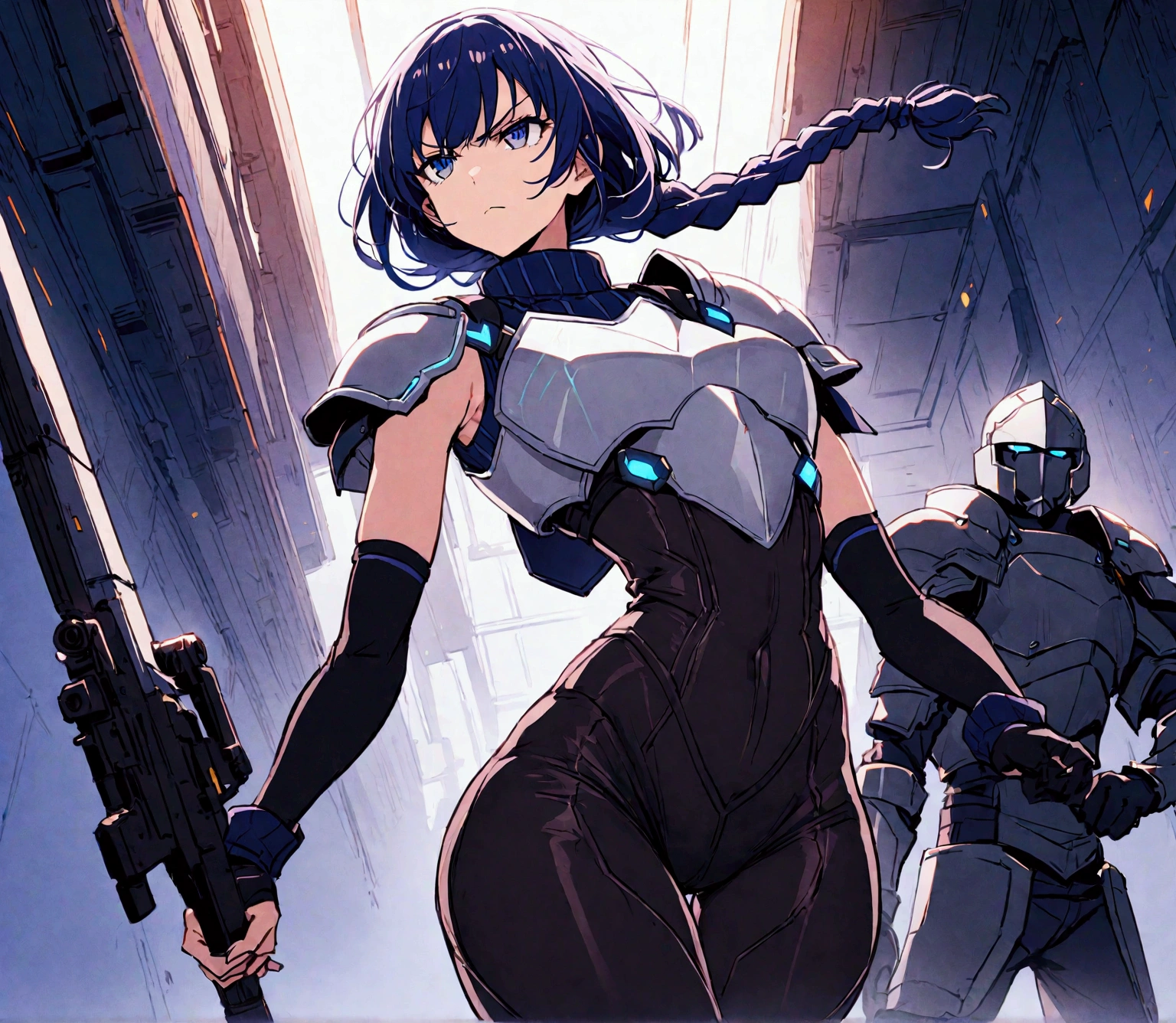 a beautiful girl with midnight blue eyes, (long midnight blue hair, braided hair) circuits running through her skin, wearing a uniform (sleeveless turtleneck suit with long pants, tight long pants with small cutout on leg, no sleeves, sleeveless, shite shoulder pad armor, armored shoulder pads, white chest plate armor) with a curvy figure, holding a futuristic scifi gun, serious determined expression
