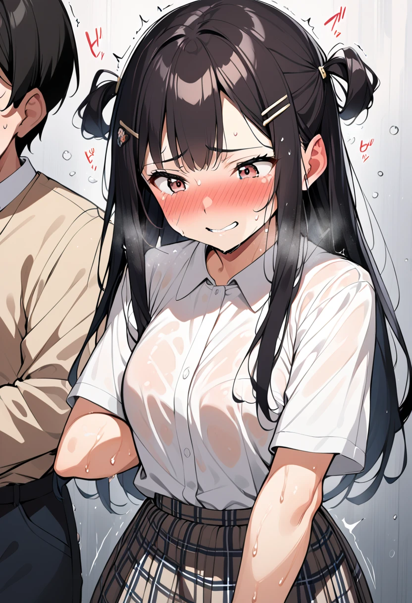 14 old, japanese school girl,dark brown hair,at train,straight hair,black hair,hair pin,easy-going face,White shirt blouse,sweaty, plaid skirt,troubled smile, twin tail, blush、molested, anatomically correct, encoxada,arrimon,groping,chikan,,head back orgasm