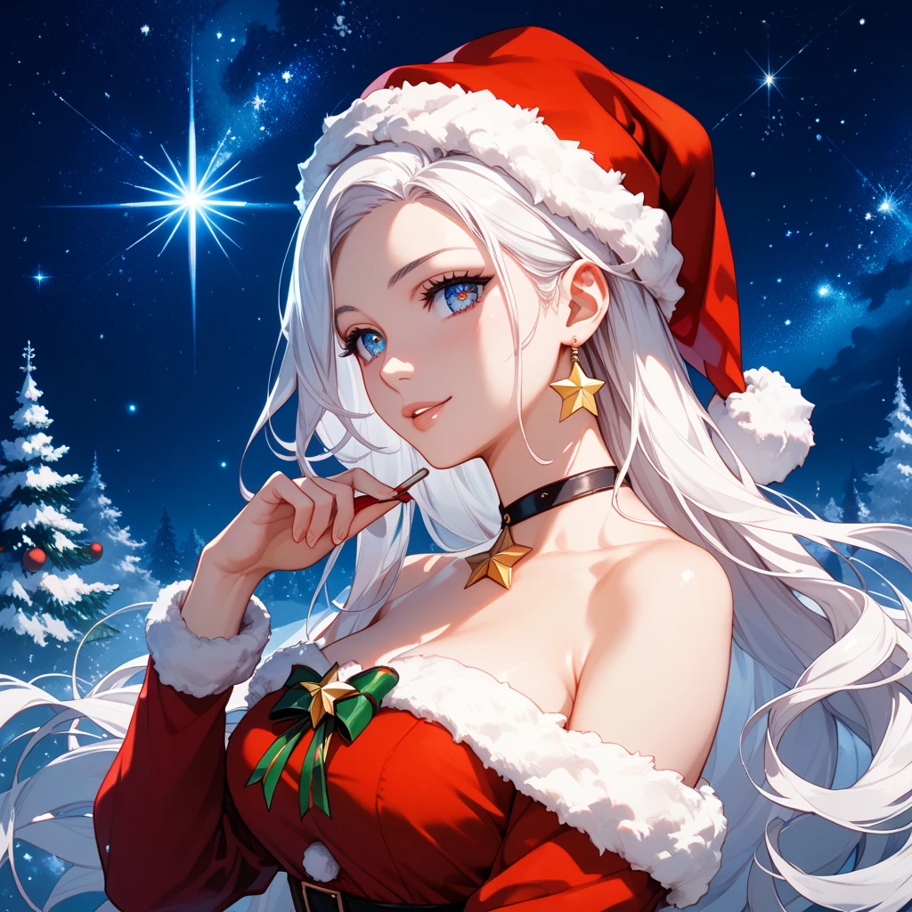 Envision a space-age North Pole with floating platforms of 3D Christmas ornaments, and Santa's sleigh gliding through a cosmic trail of fractal constellations. enormous tits