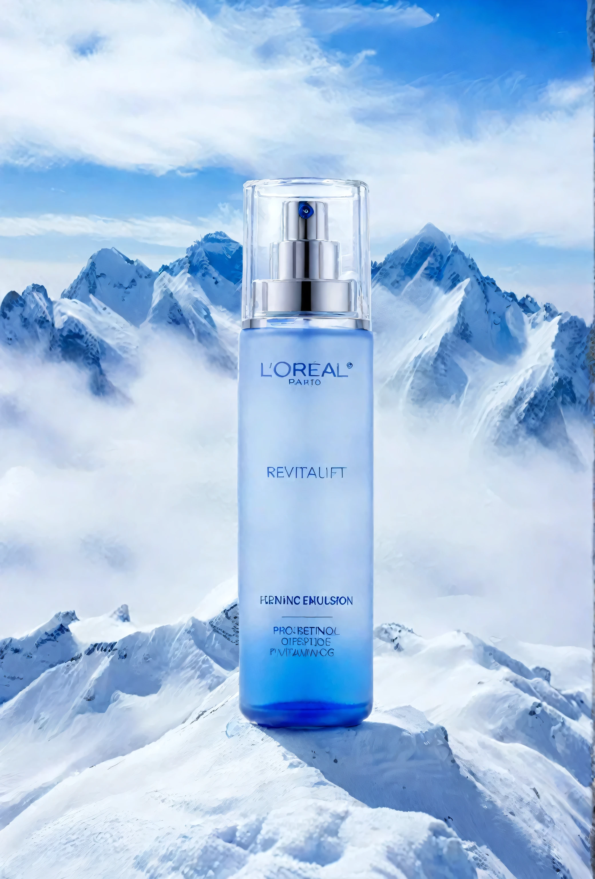 A bottle of skincare products， standing in the snow ， The background is a large area of sky ， In the distance are two or three undulating snowy mountains， There is some fog around the bottle ，Falling snowflakes ，