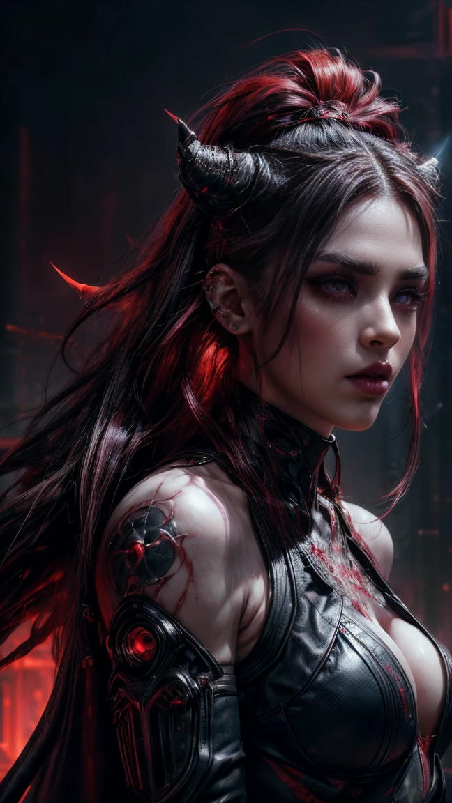 (( Ultra high definition ,  The Best Quality :1.4, photorealistic :1.4,  skin texture:1.4,  Masterpiece:1.8.  hyperrealistic)), (( 20-year-old white female , extremely sexy, demonize cyberpunk ,  dynamic front pose ,  demonic horns on her head )), (( she wears a black and red cyberpunk costume , with demon wings,  black tiara with spikes )), (( long, disheveled hair , asymmetrical hair,  blood-red hair with black highlights , cyber skin  ,  very large bright red eyes without sclera ,  full lips,  perforations and piercings ,  Big ,  phosphorescent cyberpunk skin ,  ultra intricate details , )), (( in the background a technological hell ,  indirect red and purple light parameters )), ((background blur, (8K quality, ) marked shadows,  Precise simulation of interaction with indirect light,  red and purple neon light )), (( asymmetric composition ,  dramatic light parameters red and purple )) Night,  at night, middle body close up 
