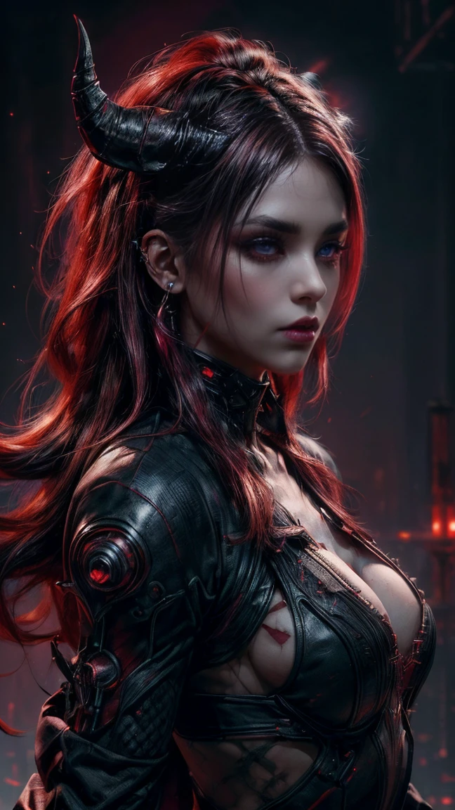 (( Ultra high definition ,  The Best Quality :1.4, photorealistic :1.4,  skin texture:1.4,  Masterpiece:1.8.  hyperrealistic)), (( 20-year-old white female , extremely sexy, demonize cyberpunk ,  dynamic front pose ,  demonic horns on her head )), (( she wears a black and red cyberpunk costume , with demon wings,  black tiara with spikes )), (( long, disheveled hair , asymmetrical hair,  blood-red hair with black highlights , cyber skin  ,  very large bright red eyes without sclera ,  full lips,  perforations and piercings ,  Big ,  phosphorescent cyberpunk skin ,  ultra intricate details , )), (( in the background a technological hell ,  indirect red and purple light parameters )), ((background blur, (8K quality, ) marked shadows,  Precise simulation of interaction with indirect light,  red and purple neon light )), (( asymmetric composition ,  dramatic light parameters red and purple )) Night,  at night, middle body close up 
