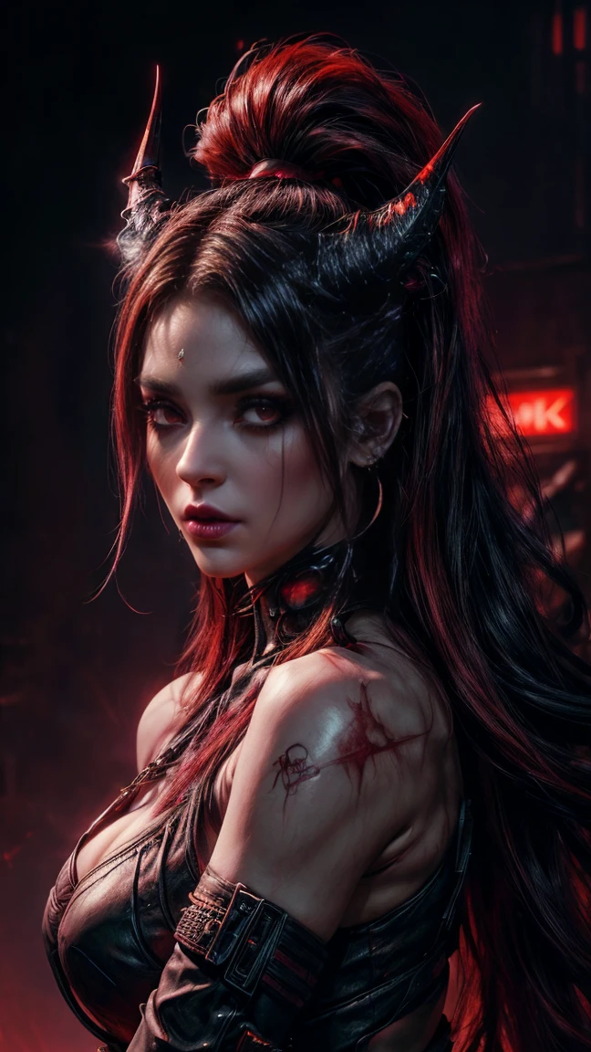 (( Ultra high definition ,  The Best Quality :1.4, photorealistic :1.4,  skin texture:1.4,  Masterpiece:1.8.  hyperrealistic)), (( 20-year-old white female , extremely sexy, demonize cyberpunk ,  dynamic front pose ,  demonic horns on her head )), (( she wears a black and red cyberpunk costume , with demon wings,  black tiara with spikes )), (( long, disheveled hair , asymmetrical hair,  blood-red hair with black highlights , cyber skin  ,  very large bright red eyes without sclera ,  full lips,  perforations and piercings ,  Big ,  phosphorescent cyberpunk skin ,  ultra intricate details , )), (( in the background a technological hell ,  indirect red and purple light parameters )), ((background blur, (8K quality, ) marked shadows,  Precise simulation of interaction with indirect light,  red and purple neon light )), (( asymmetric composition ,  dramatic light parameters red and purple )) Night,  at night, middle body close up 
