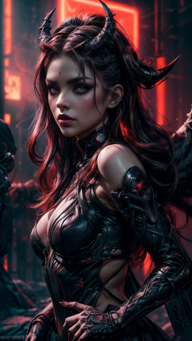 (( Ultra high definition ,  The Best Quality :1.4, photorealistic :1.4,  skin texture:1.4,  Masterpiece:1.8.  hyperrealistic)), (( 20-year-old white female , extremely sexy, demonize cyberpunk ,  dynamic front pose ,  demonic horns on her head )), (( she wears a black and red cyberpunk costume , with demon wings,  black tiara with spikes )), (( long, disheveled hair , asymmetrical hair,  blood-red hair with black highlights , cyber skin  ,  very large bright red eyes without sclera ,  full lips,  perforations and piercings ,  Big ,  phosphorescent cyberpunk skin ,  ultra intricate details , )), (( in the background a technological hell ,  indirect red and purple light parameters )), ((background blur, (8K quality, ) marked shadows,  Precise simulation of interaction with indirect light,  red and purple neon light )), (( asymmetric composition ,  dramatic light parameters red and purple )) Night,  at night, middle body close up 
