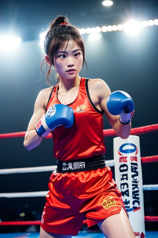 two naked bloody pretty young japanese girl fighters are fighting so hard. they have boxing in a ring. they are bashing each other. punchs are hiting their body. they are groggy. they have short-cut black hair, shortness of breath, drool from her mouth, one closed eye, exhaustion, and sweat soaked. open finger grobe. Muscularity. Six pack abs.
