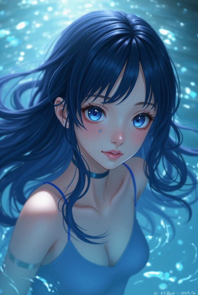 anime girl with blue eyes and long hair in the water, an anime drawing by Yuumei, pixiv, digital art, wallpaper anime blue water, watery eyes, blue watery eyes, detailed digital anime art, watery blue eyes, water eyes, azure blue watery eyes, clean detailed anime art, detailed anime art, beautiful anime portrait, sparkling blue eyes
