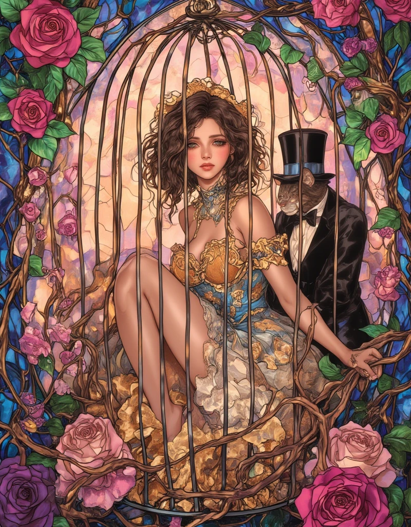 ta girl in a birdcage, Wearing ribbons and Loliresses, Colorful rose flowers, Rose vines tangled around a birdcage, Fairytale illustration. Baron the cat in a hat and tuxedo. Pastel Gradient background, "Lollipop Syndrome", mesmerizing artwork, Impressive creativity. (best quality, high resolution, masterpiece:1.2), ArsMJStyle, Stained Glass, egmid