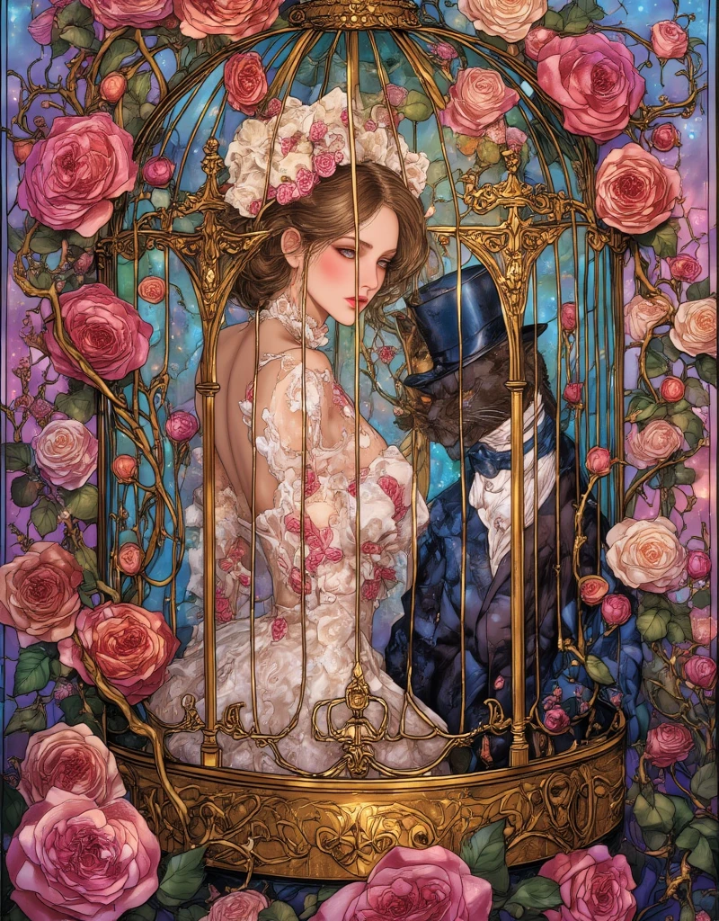 Lolita girl in a birdcage, Wearing ribbons and Lolita dresses, Colorful rose flowers, Rose vines tangled around a birdcage, Fairytale illustration. Baron the cat in a hat and tuxedo. Pastel Gradient background, "Lollipop Syndrome", mesmerizing artwork, Impressive creativity. (best quality, high resolution, masterpiece:1.2), ArsMJStyle, Stained Glass, egmid