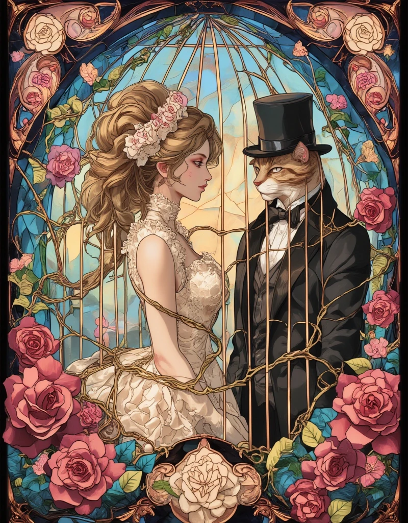 Lolita girl in a birdcage, Wearing ribbons and Lolita dresses, Colorful rose flowers, Rose vines tangled around a birdcage, Fairytale illustration. Baron the cat in a hat and tuxedo. Pastel Gradient background, "Lollipop Syndrome", mesmerizing artwork, Impressive creativity. (best quality, high resolution, masterpiece:1.2), ArsMJStyle, Stained Glass, egmid