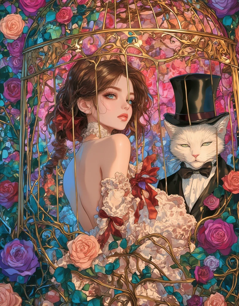 Lolita girl in a birdcage, Wearing ribbons and Lolita dresses, Colorful rose flowers, Rose vines tangled around a birdcage, Fairytale illustration. Baron the cat in a hat and tuxedo. Pastel Gradient background, "Lollipop Syndrome", mesmerizing artwork, Impressive creativity. (best quality, high resolution, masterpiece:1.2), ArsMJStyle, Stained Glass, egmid