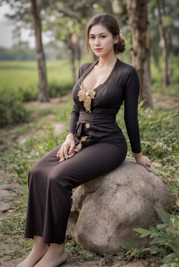  Indonesian-Asian Girl Traditional Asian Dress Javanes Long Sleeves Black. black long skirt. ((Big  2  .3)). ((Hijab black modern))Sitting on a riverside boulder .  white shoes visible .  Ears there are red flowers . cross legs .   Banana tree background . Pasture background . Detailed finger finger .   Highly detailed hand .   Rough color CCTV footage . Warm light .