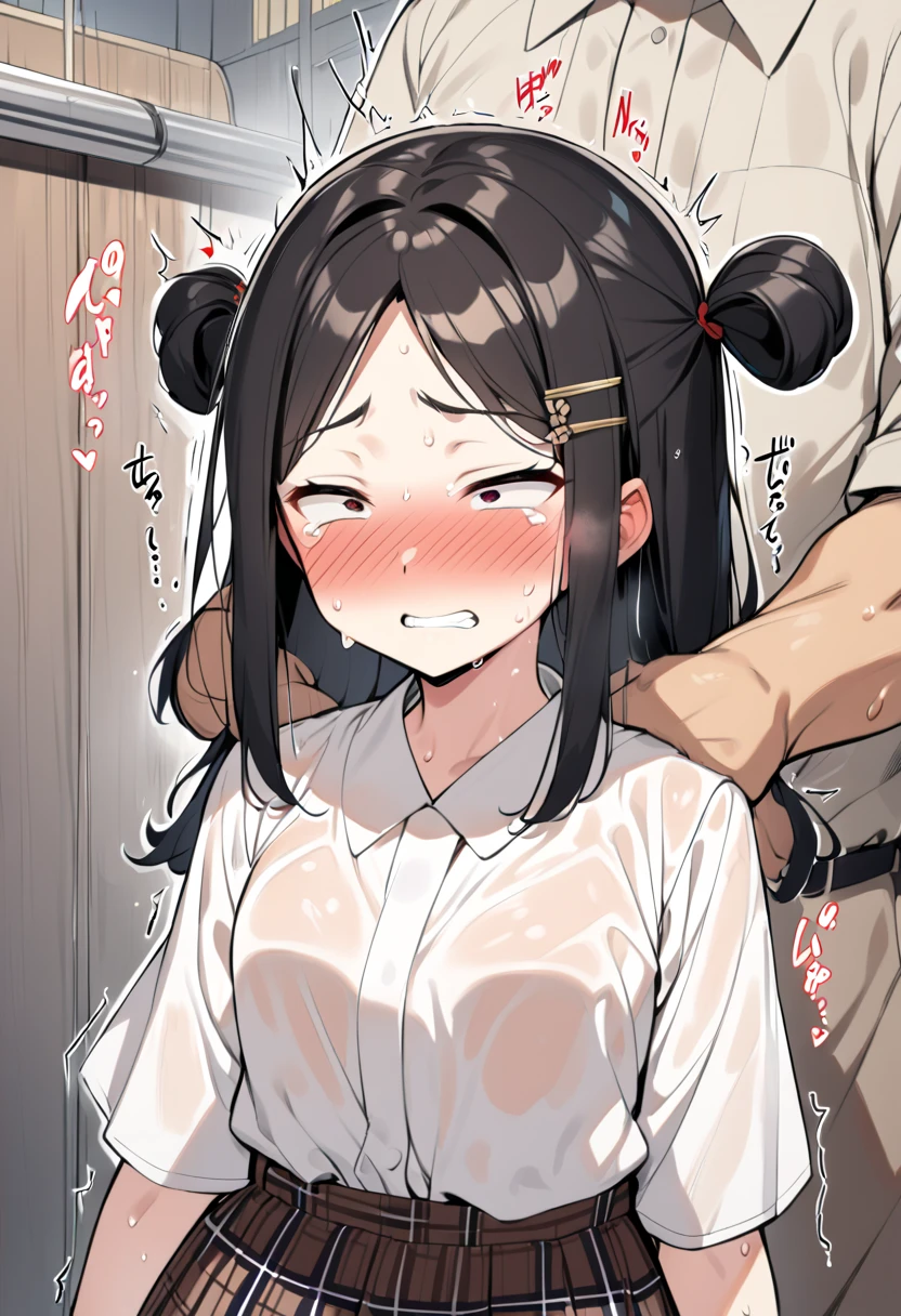 ******, japanese school girl,dark brown hair,at train,straight hair,black hair,hair pin,easy-going face,White shirt blouse,sweaty, plaid skirt,troubled smile, twin tail, blush、molested, anatomically correct, encoxada,arrimon,groping,chikan,1girl,head back orgasm