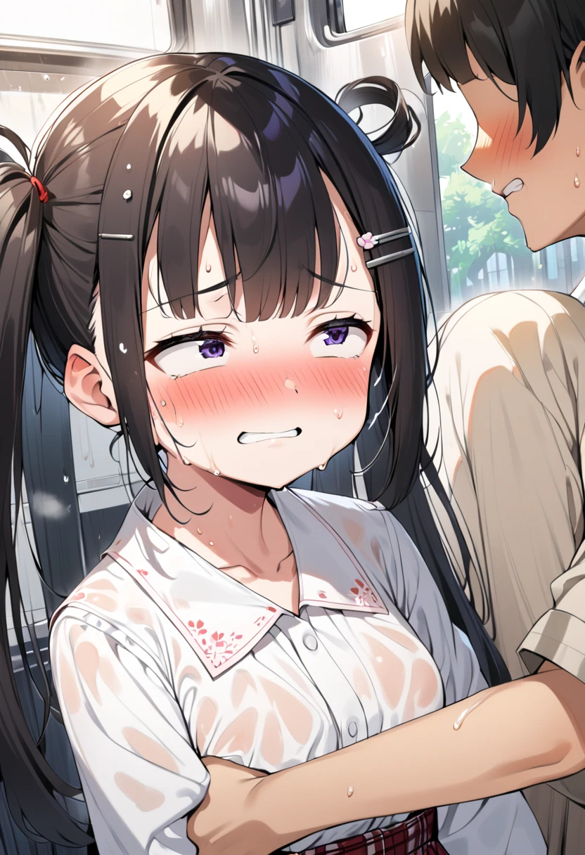 14 old, japanese school girl,dark brown hair,at train,straight hair,black hair,hair pin,easy-going face,White shirt blouse,sweaty, plaid skirt,troubled smile, twin tail, blush、molested, anatomically correct, encoxada,arrimon,groping,chikan,1girl,head back orgasm